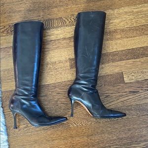 Brown leather high heel boots